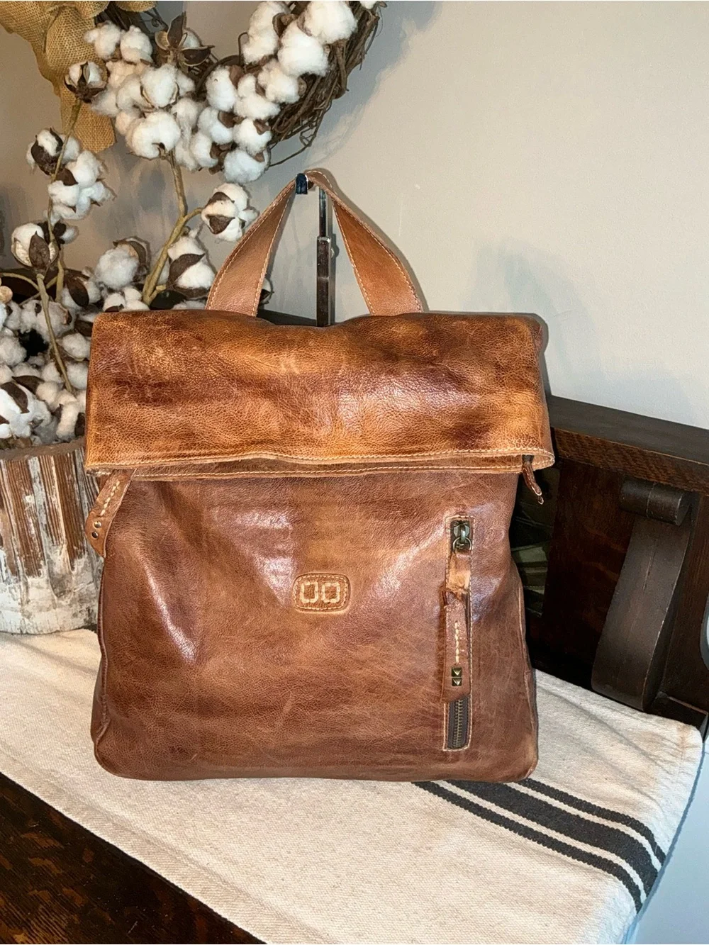 Bed Stu Leather Unisex Howie Flapover Leather Backpack Tan Rustic Retail $365